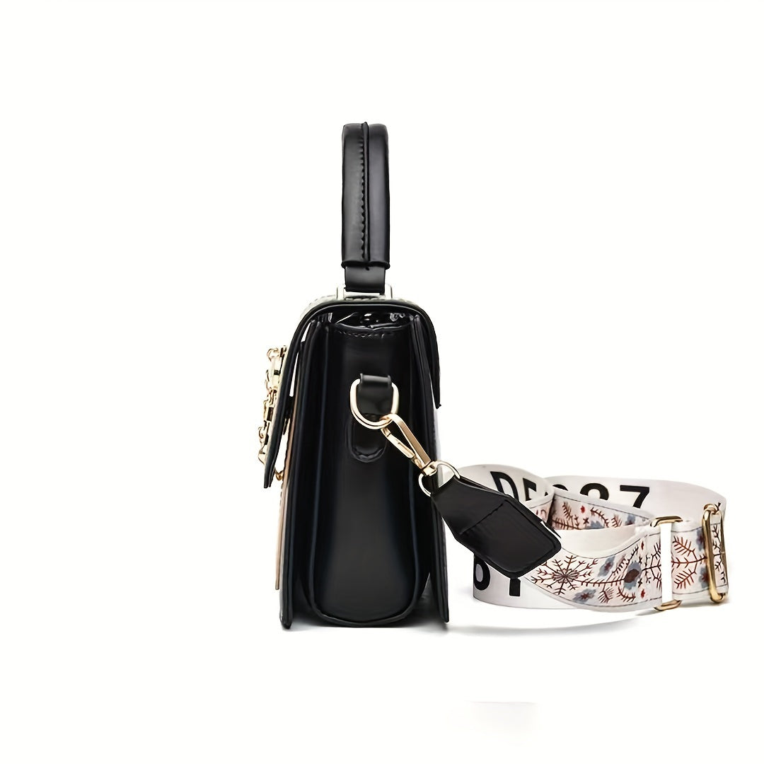 Stylish Two-Tone Chic Womens Handbag - Fashionable Crossbody Purse with Adjustable Printed Strap, Spacious Interior, and Durable PU Material - Zipper Closure, Edge Painted, and Polyester Lining for a Chic Look